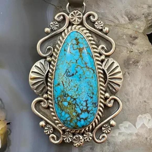 Mary Ann Spencer Sterling Silver Elongated Kingman Turquoise Decorated Pendant - Picture 5 of 10